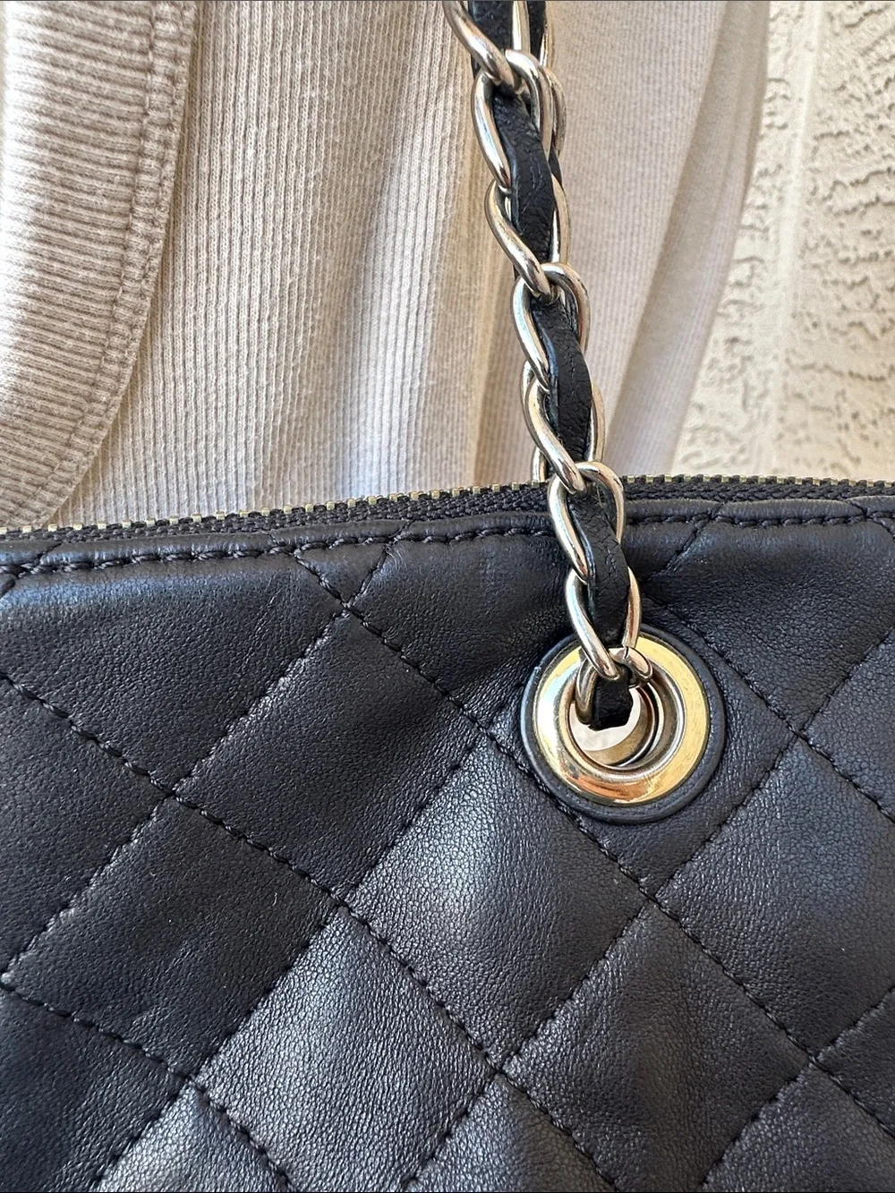 DKNY Black Quilted Leather Shoulder Tote with Chain Straps